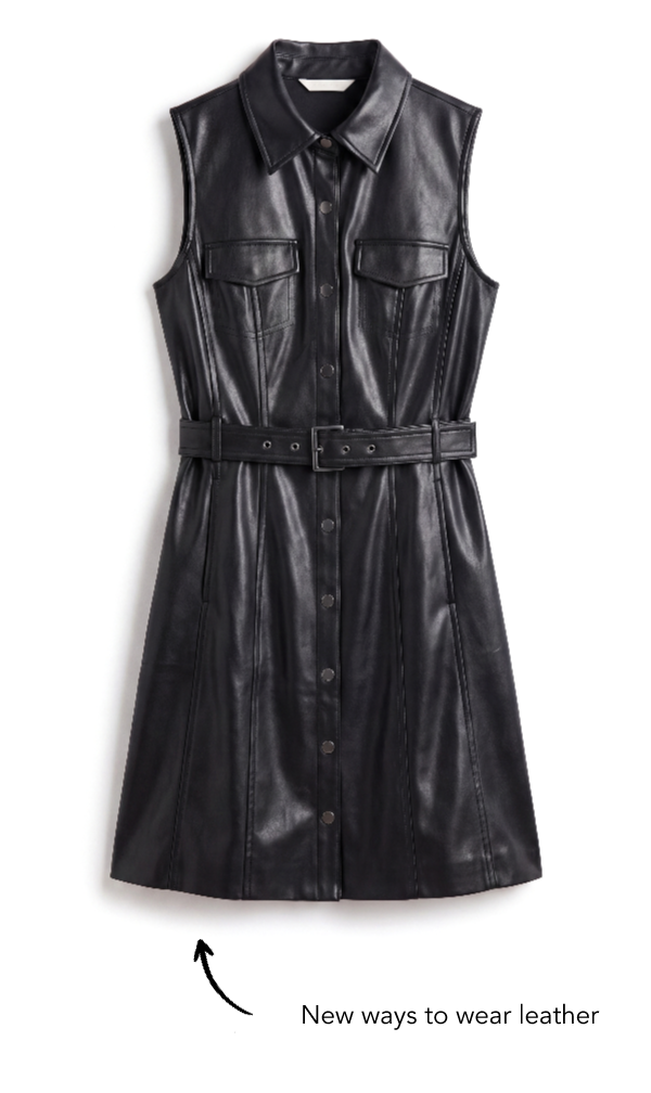Sleeveless Utility Button-Down Stretch Vegan Leather Sheath Midi Dress