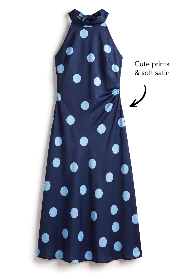 Polka Dot Halter Neck Satin Midi Dress