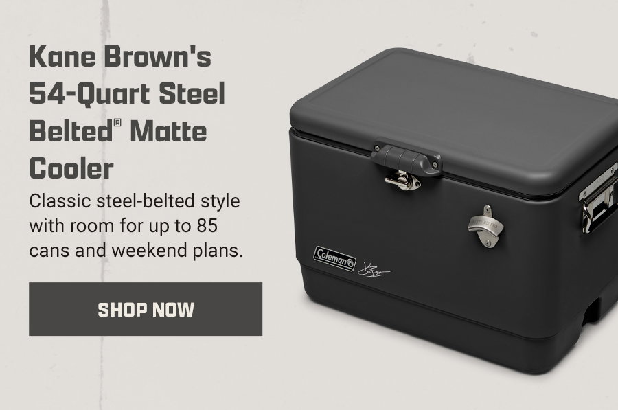 Kane Brown's 54-quart steel belted matte cooler with text about capacity, shop now button displayed