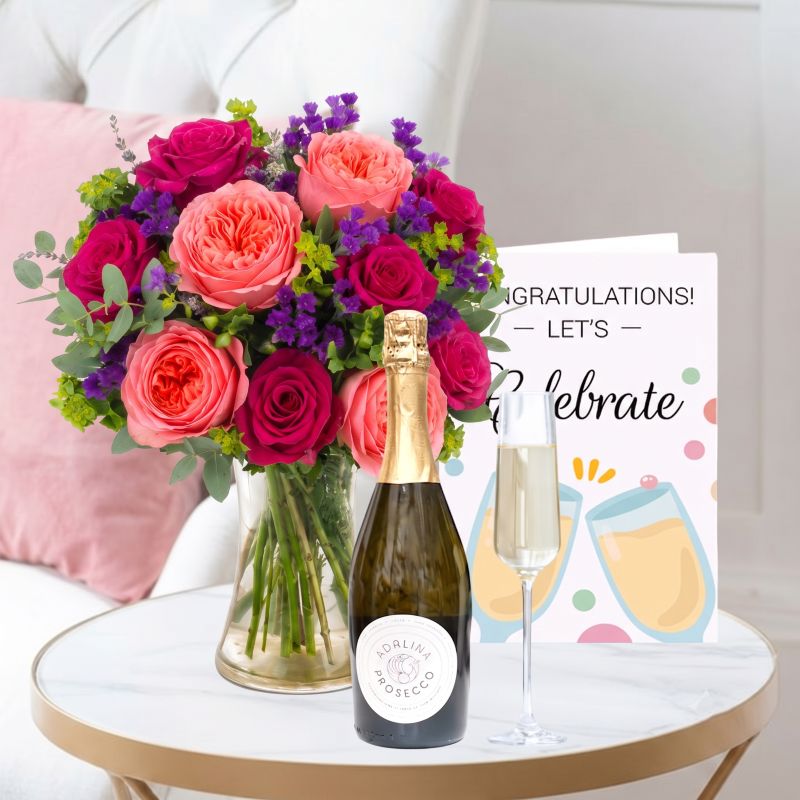 Image of Pomegranate Rose & Peony, Adalina Prosecco (75cl) & congratulations card