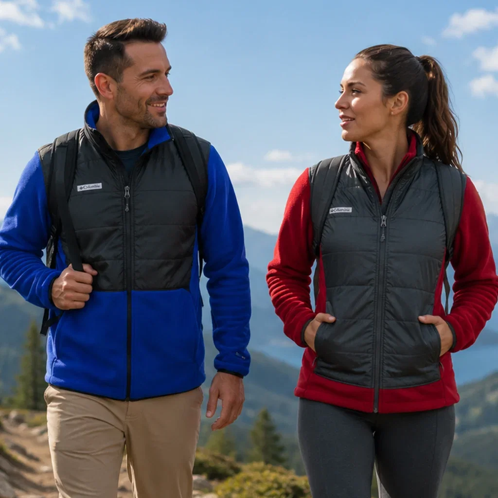 Man and woman hiking in mountains wearing Columbia fleece jackets and vests with scenic valley backdrop.