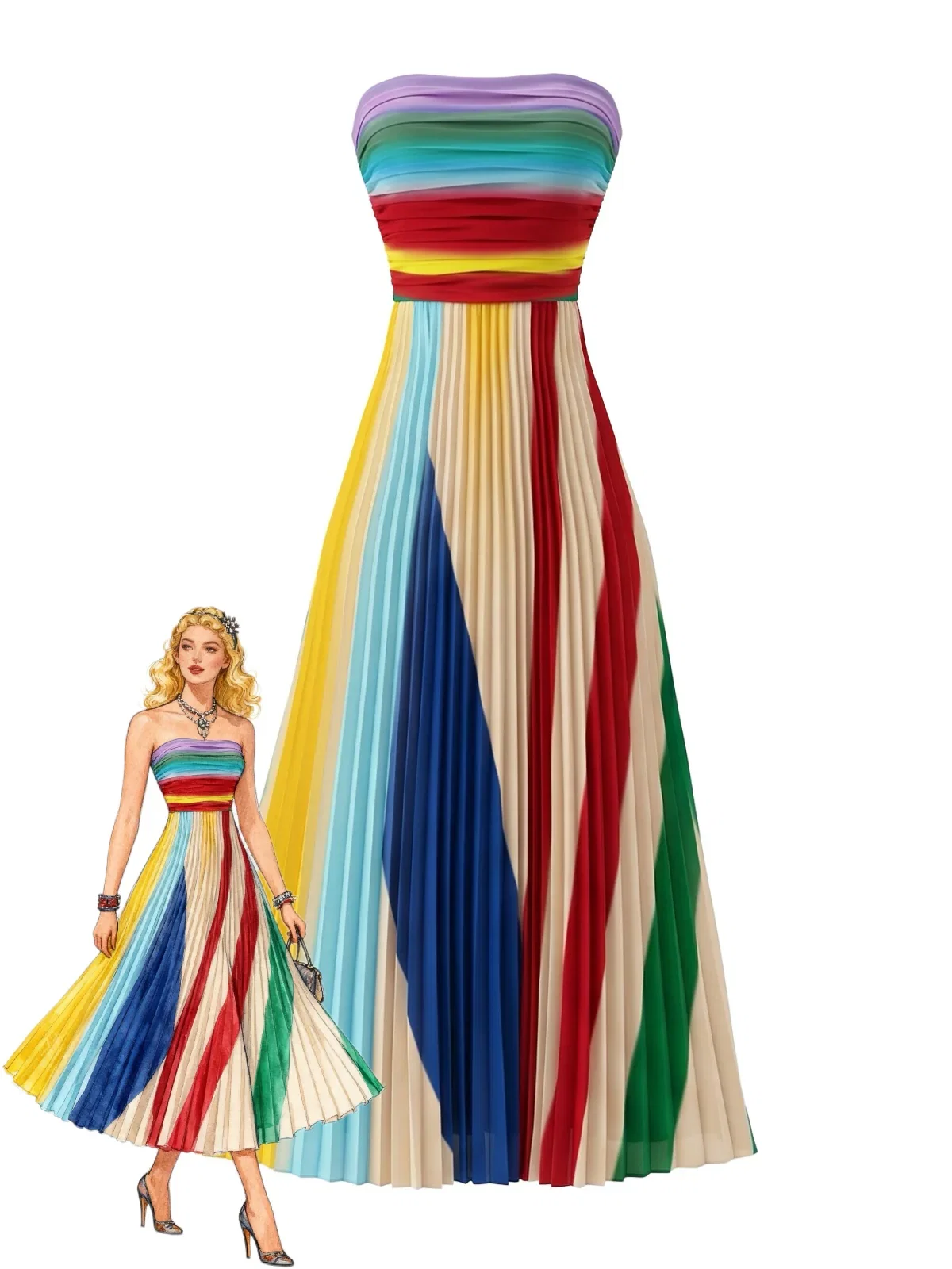 1970s Rainbow Pleated Strapless Maxi Dress