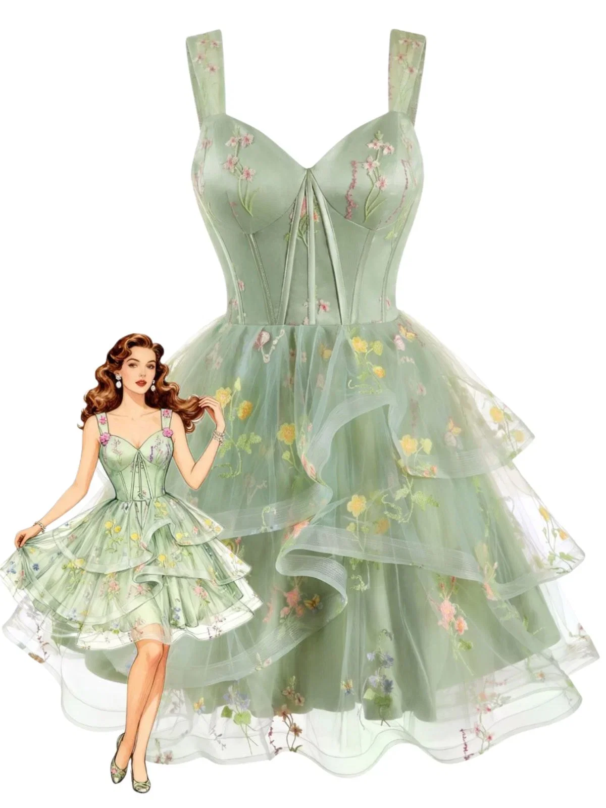 1950s Floral Embroidered Corset Tiered Tulle Dress