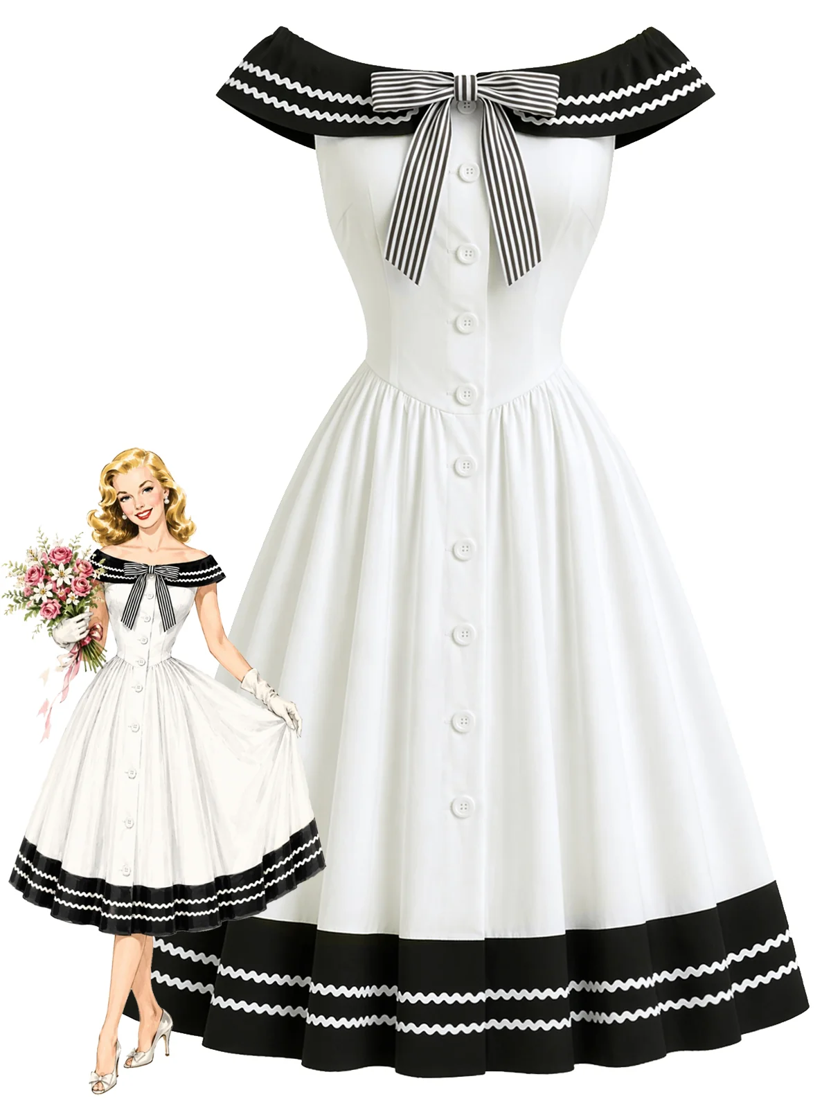[Pre-Sale] Black & White 1950s Off-Shoulder Stripe Bow Dress