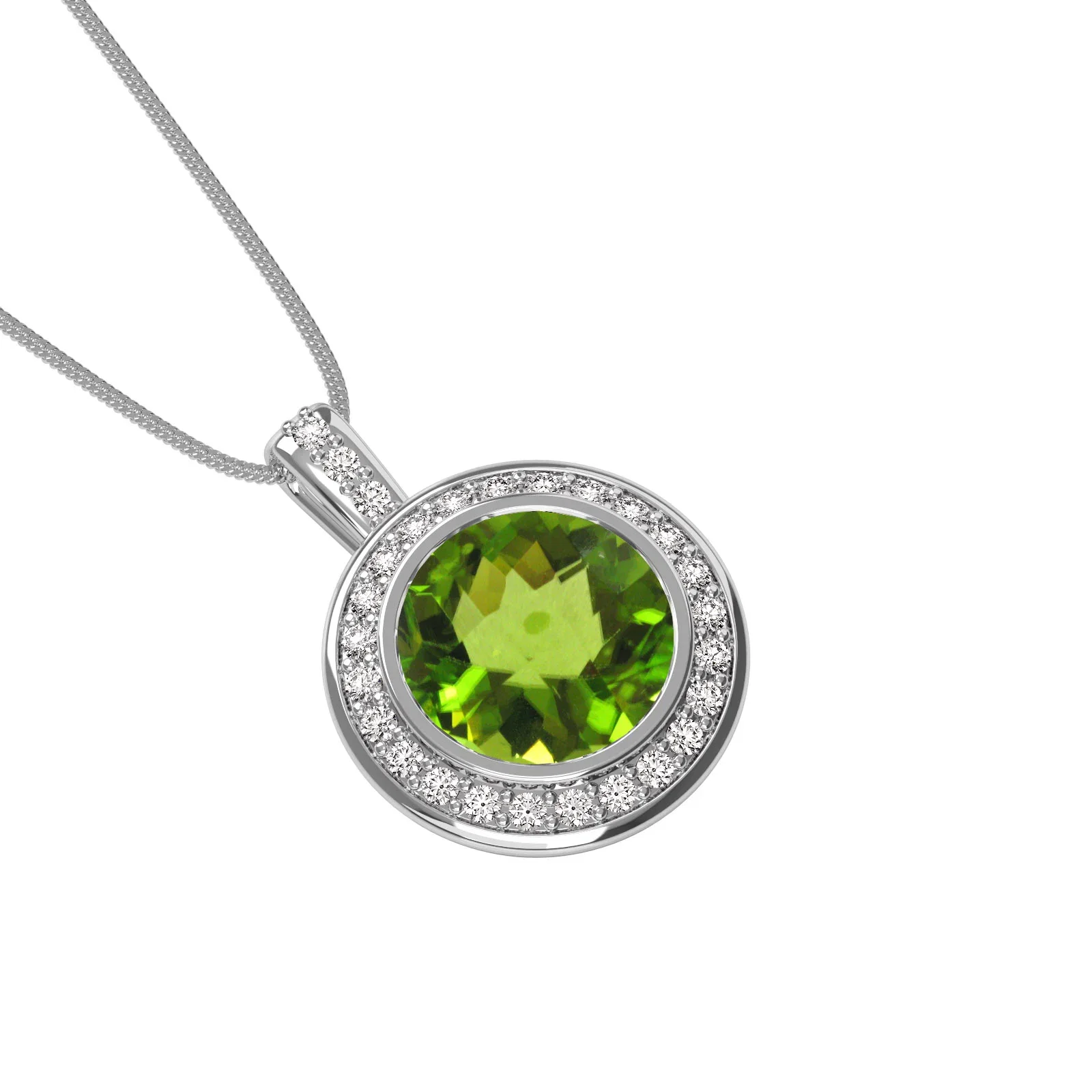 Image of A beautiful peridot and diamond halo pendant in 18ct white gold