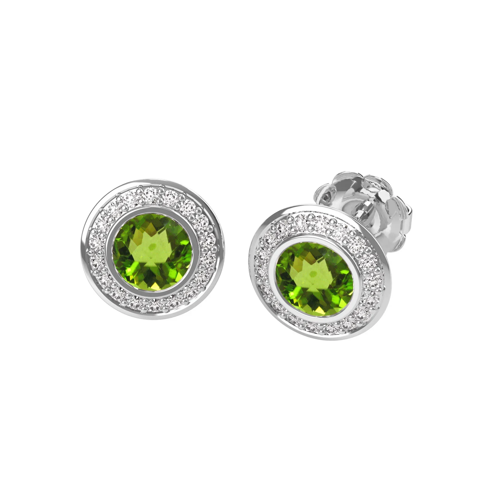 Image of A beautiful pair of peridot and diamond halo earrings in 18ct white gold