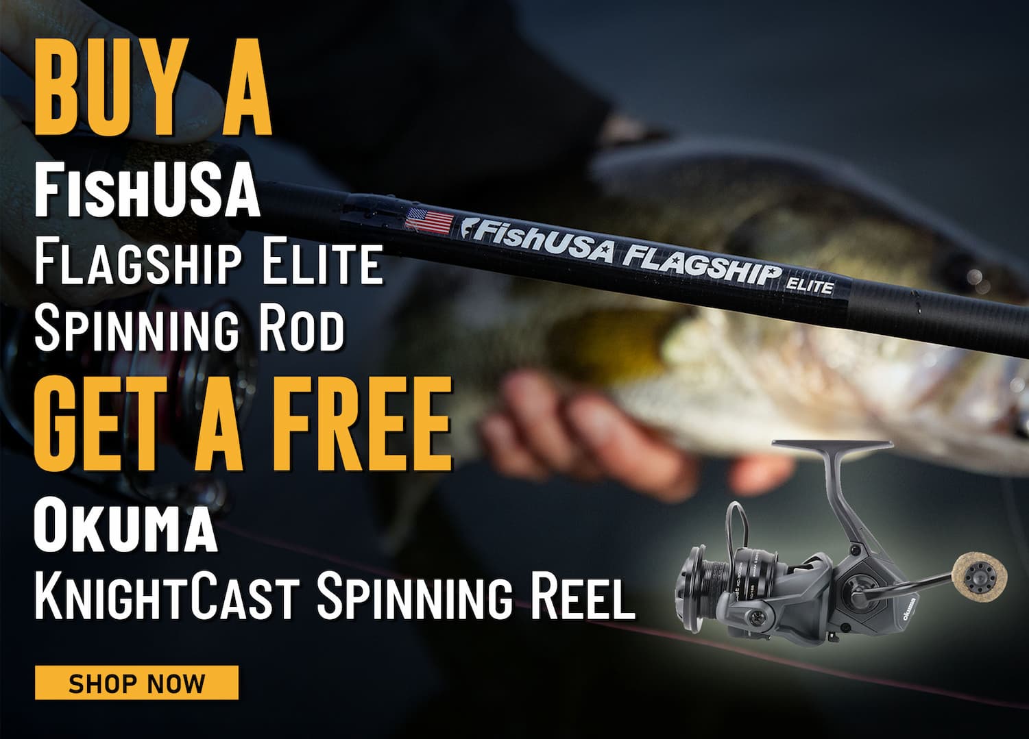 Buy a FishUSA Flagship Elite Spinning Rod Get a Free Okuma KnightCast Spinning Reel Shop Now