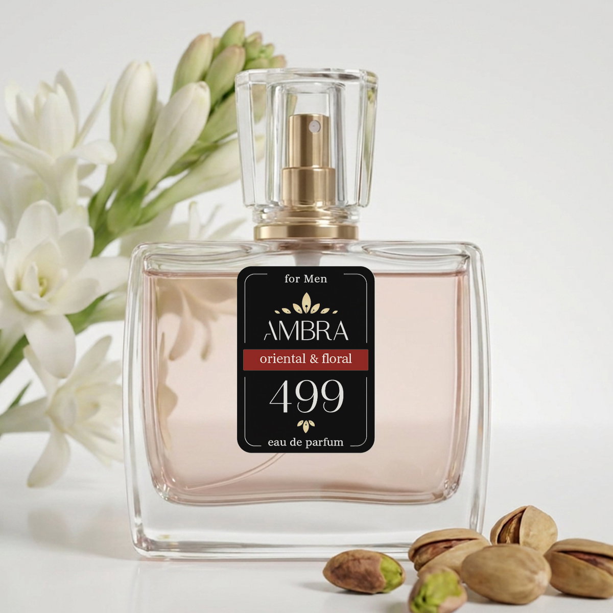 Glass bottle of AMBRA 499 eau de parfum (oriental & floral) with white flowers and pistachios, men's fragrance