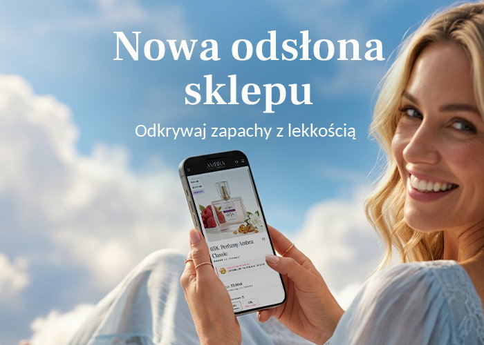 Smiling woman holding a smartphone displaying a perfume product page against a blue sky, promoting a new online store and fragrances