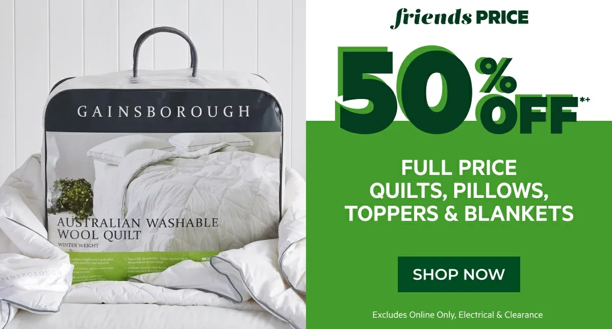 50% off full price quilts, pillows, toppers & blankets