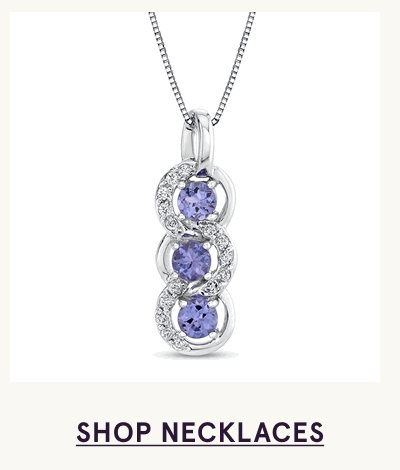 Silver pendant with vertically stacked purple gemstones framed by diamond design. Click here to shop necklaces