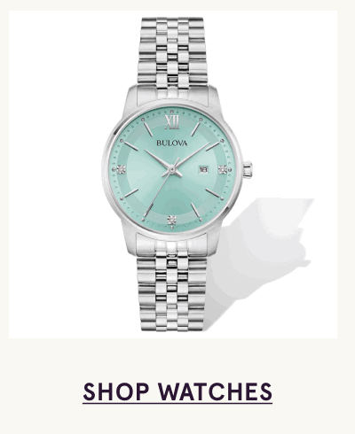 Silver Bulova watch with a multi-link steel bracelet and a round, light turquoise dial. Click here to shop watches