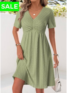 Sage Green Shirred Short Sleeve V Neck Dress