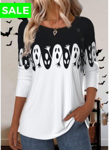 Halloween White Button Long Sleeve Round Neck T Shirt