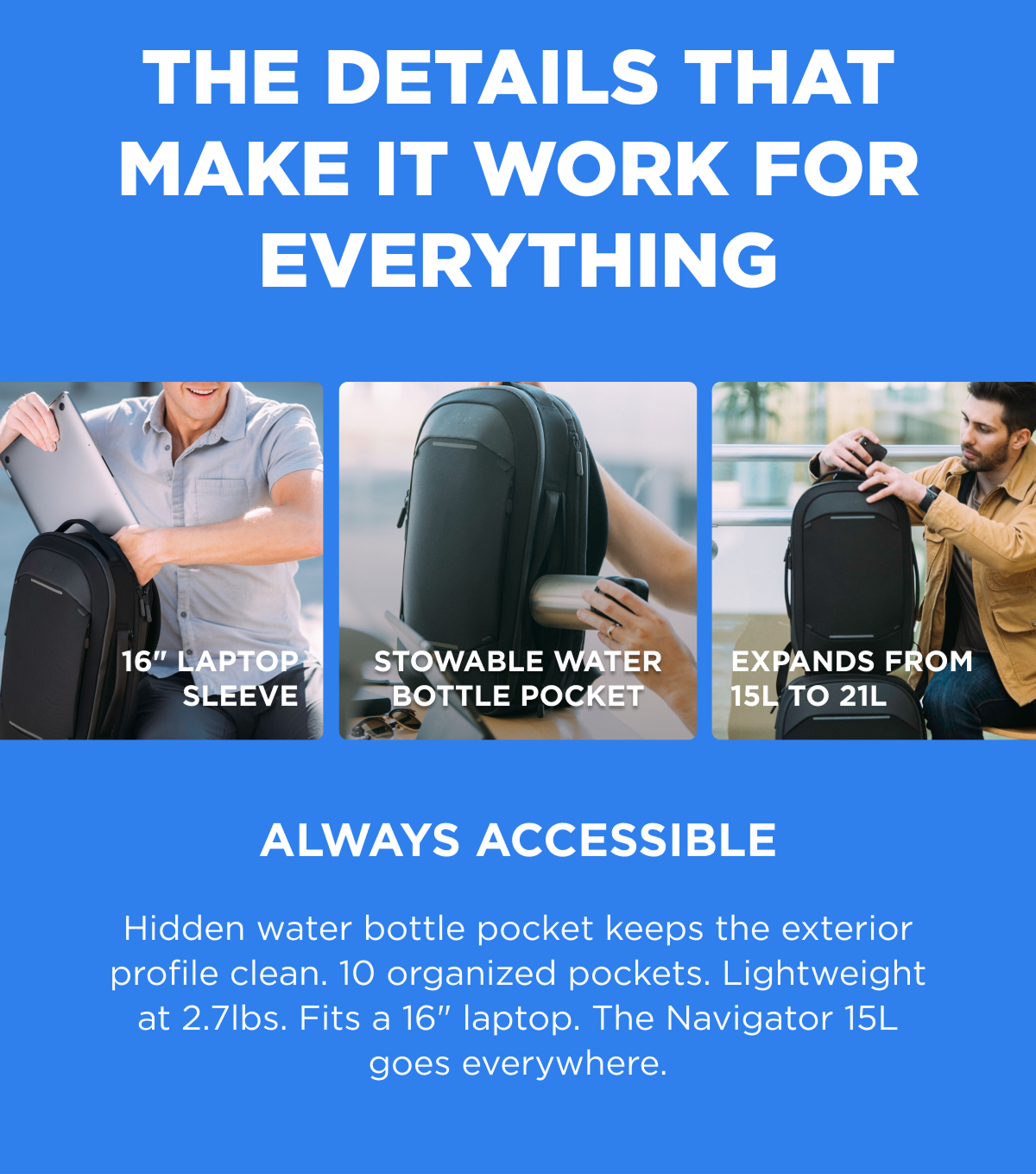 The details that make it work for everything   ALWAYS ACCESSIBLE    Hidden water bottle pocket keeps the exterior profile clean. 10 organized pockets. Lightweight at 2.7lbs. Fits a 16" laptop. The Navigator 15L goes everywhere.