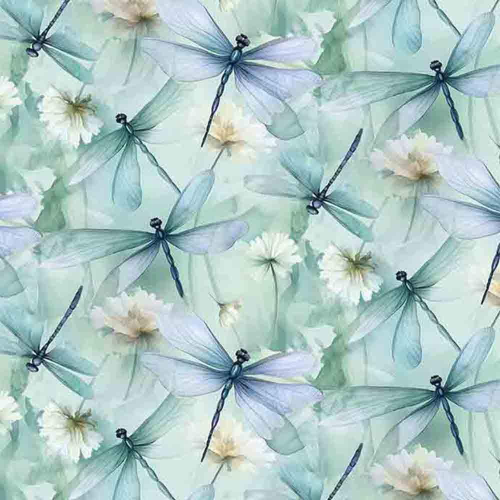 Image of Timeless Treasures - Gossamer - Digital Collection - Dragonflies & Floral - Mint - Yardage