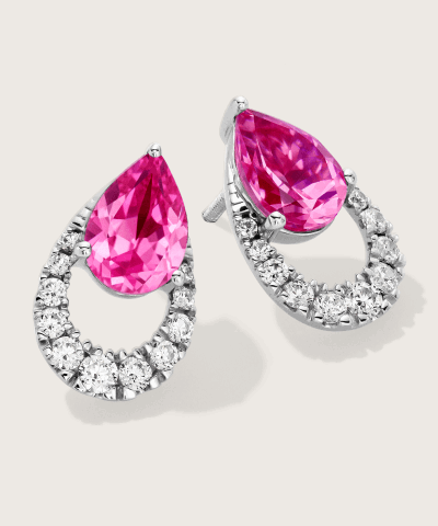 White gold open pear-shape stud earrings with pavé diamonds and pink sapphires.