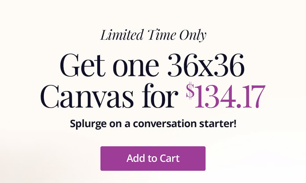 Limited Time Only! Get one 36x36 Canvas for $134.17! Splurge on a conversation starter! Add to Cart