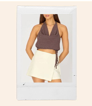 Beige Mini Skort Skirt Tailor Wrap Asymmetric