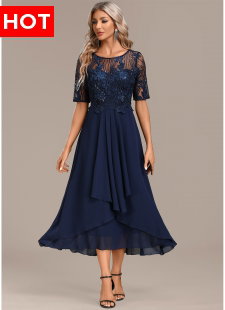 Navy Lace Short Sleeve Round Neck Dress
