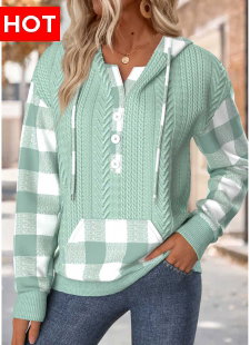 Sage Green Tummy Coverage Plaid Long Sleeve Hoodie