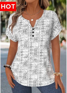 Raw White Geometric Print Tummy Coverage Short Sleeve Blouse