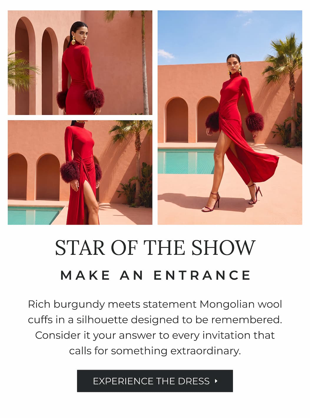 Rich burgundy meets statement Mongolian wool cuffs in a silhouette designed to be remembered. Consider it your answer to every invitation that calls for something extraordinary.