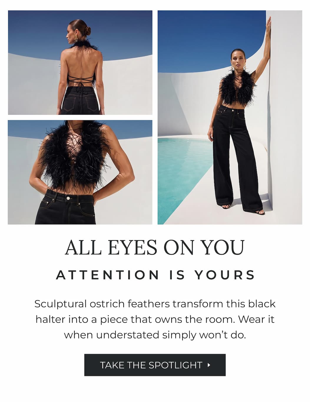 Sculptural ostrich feathers transform this black halter into a piece that owns the room. Wear it when understated simply won’t do.
