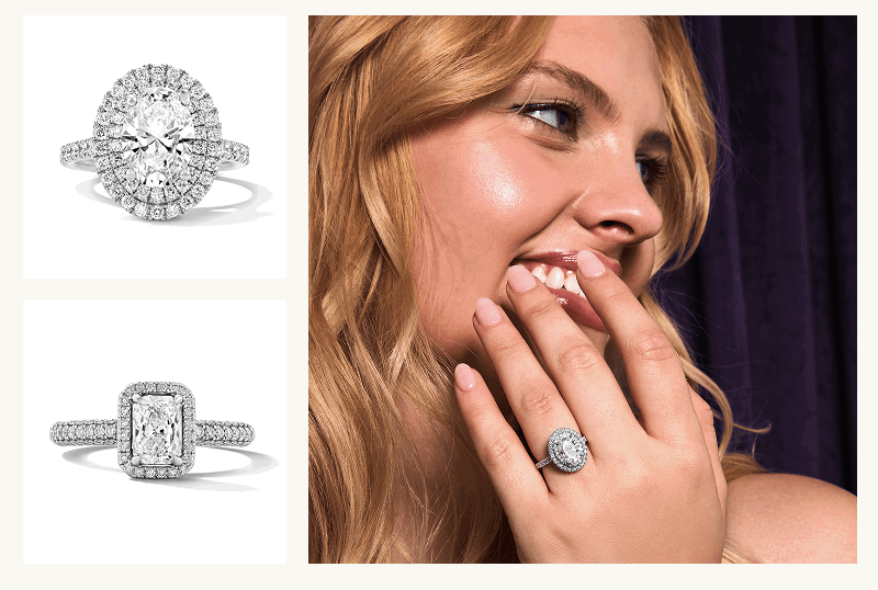 Model wearing double-halo diamond engagement ring, paired with detailed close-ups of an oval & radiant-cut halo ring.