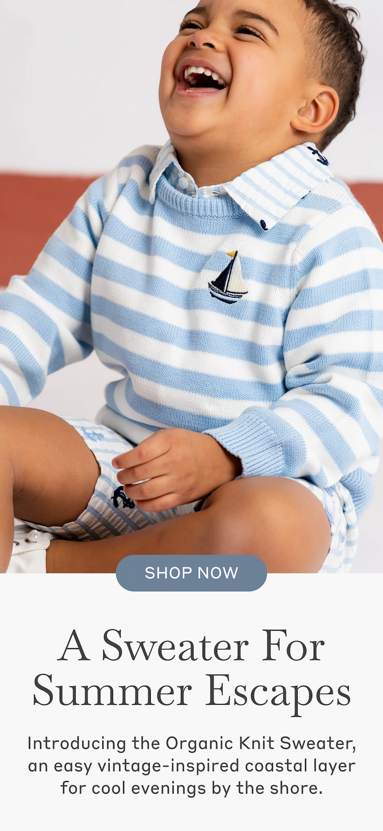 A Sweater For Summer Escapes: Introducing the Organic Knit Sweater, an easy vintage-inspired coastal layer for cool evenings by the shore. Shop Now