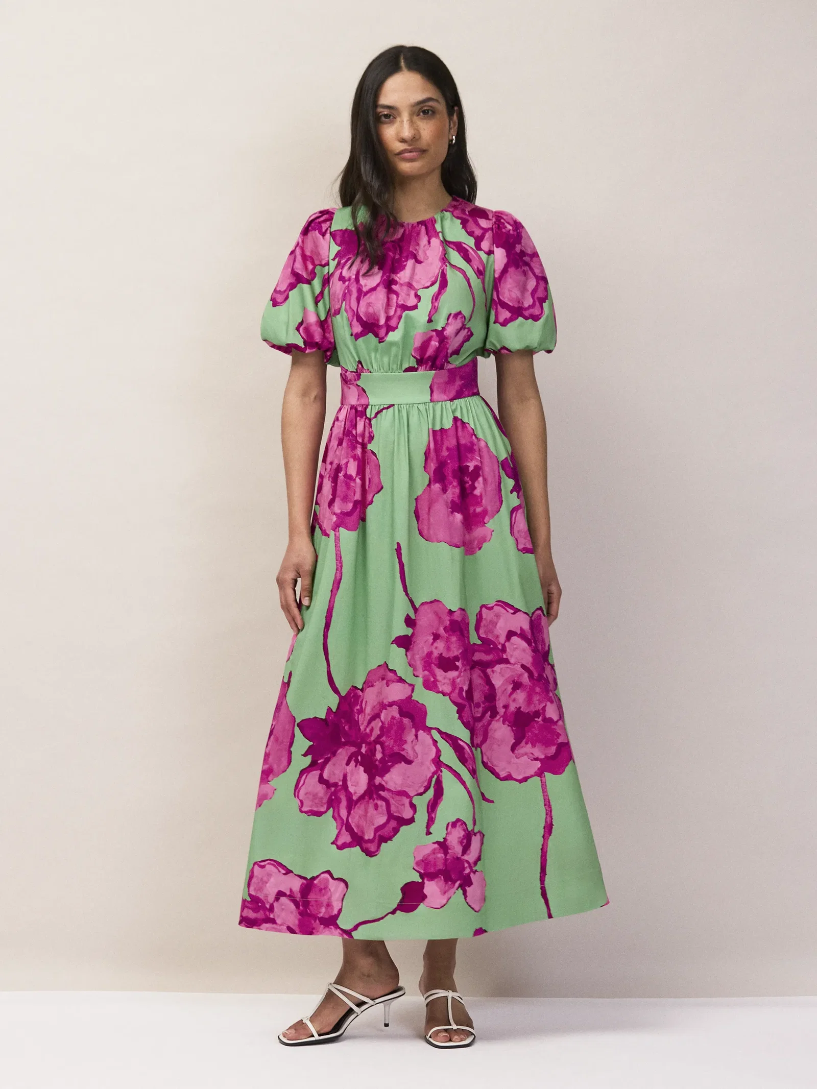 Petite Seraphina Pink And Green Floral Puff Sleeve Dress