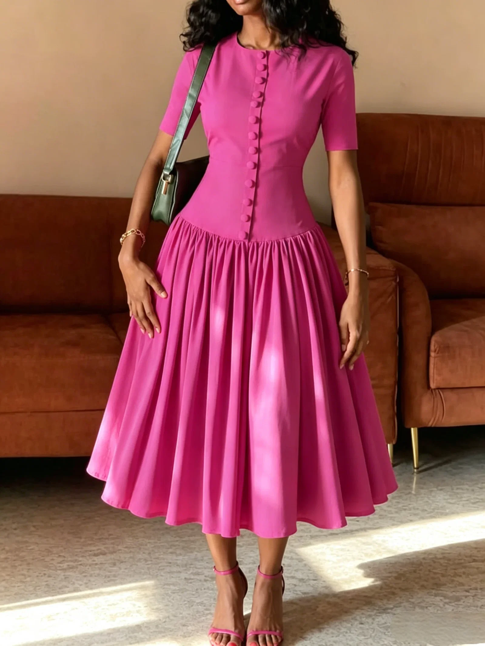 Elegant Plain Ruched Crew Neck Midi Dress