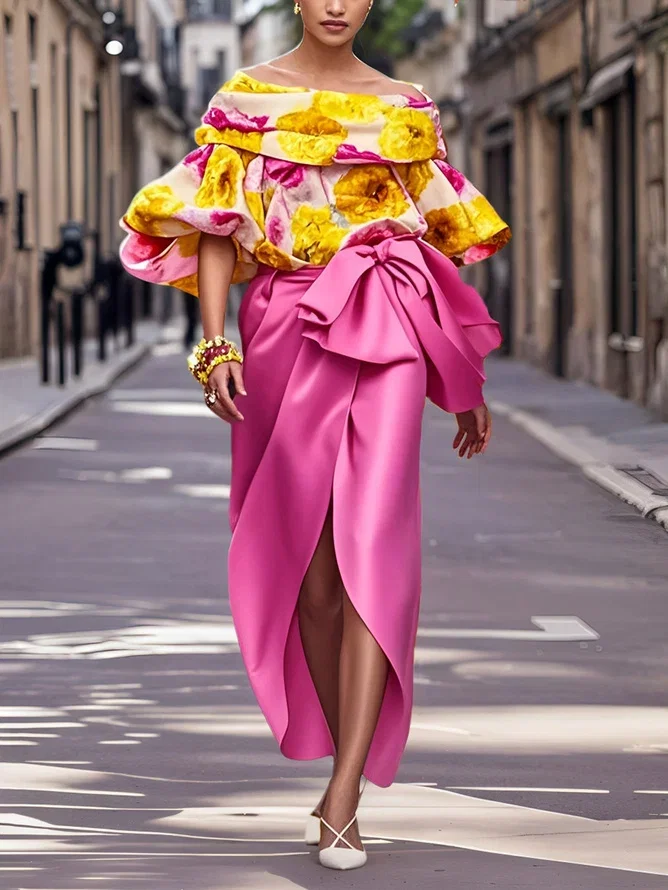 Satin Elegant Floral Printing Off The Shoulder Balloon Sleeve Blouse