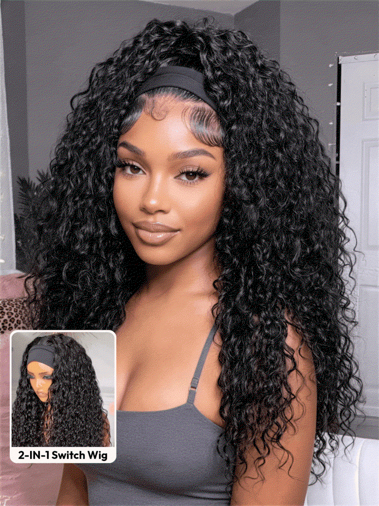 UNice Water Wave In Natural Black 2-In-1 Switch™ Breathable Headband Wig with Flexible Drawstring