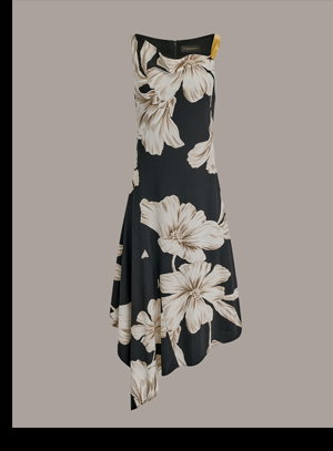 SLEEVELESS COWL-NECK ASYMMETRIC FLORAL MIDI DRESS