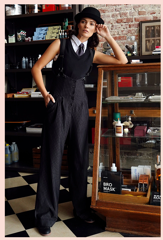 Unique Vintage 1930s Black & White Pin Stripe Thelma Suspender Pants