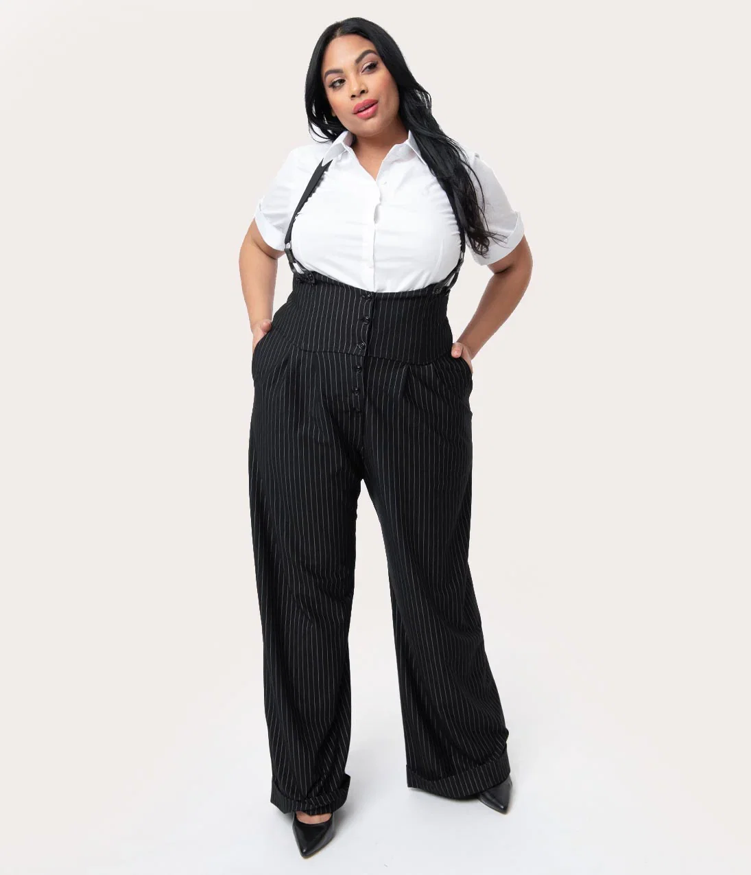 Image of Unique Vintage Plus Size 1930s Black & White Pin Stripe Thelma Suspender Pants