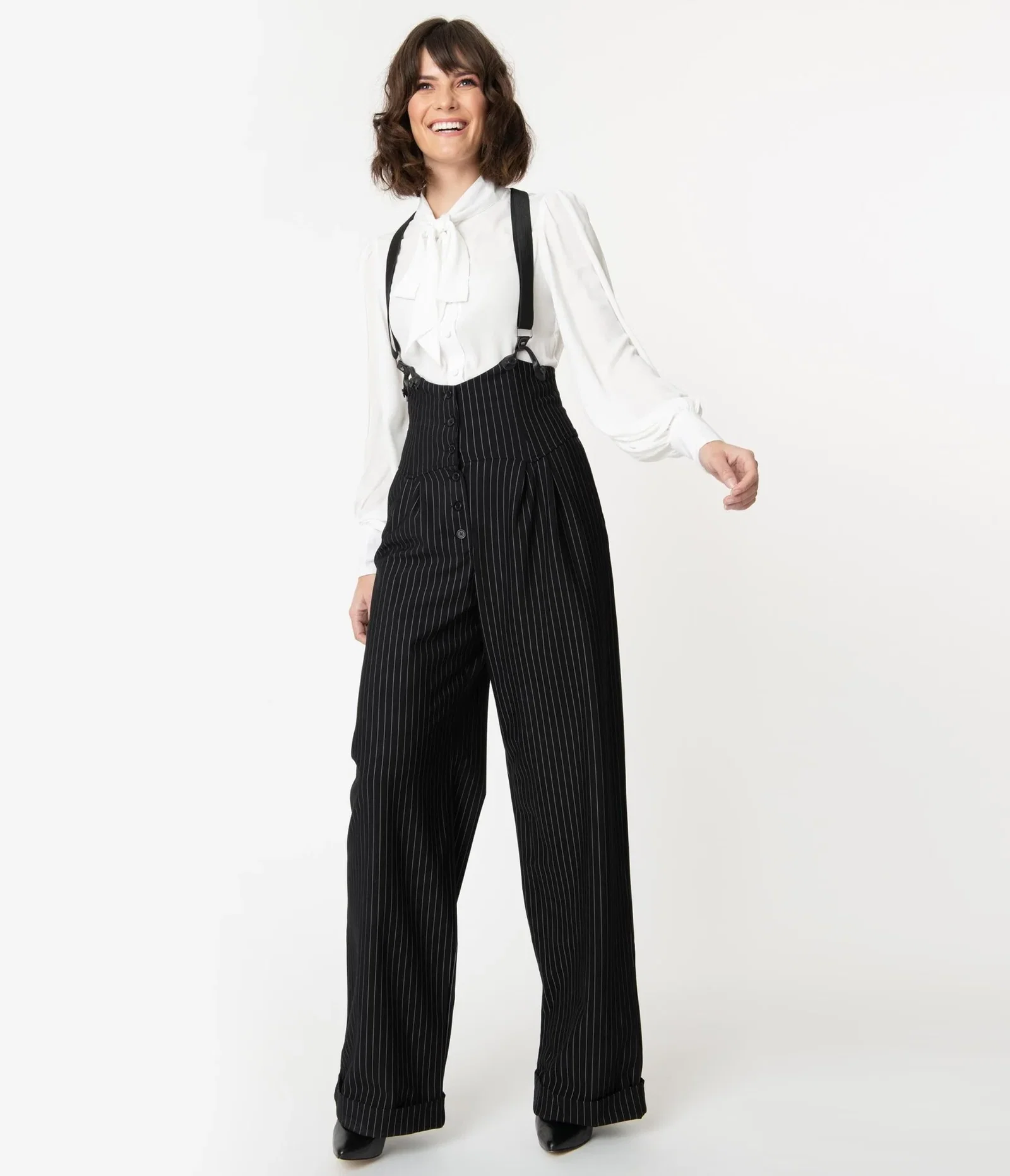 Image of Unique Vintage 1930s Black & White Pin Stripe Thelma Suspender Pants