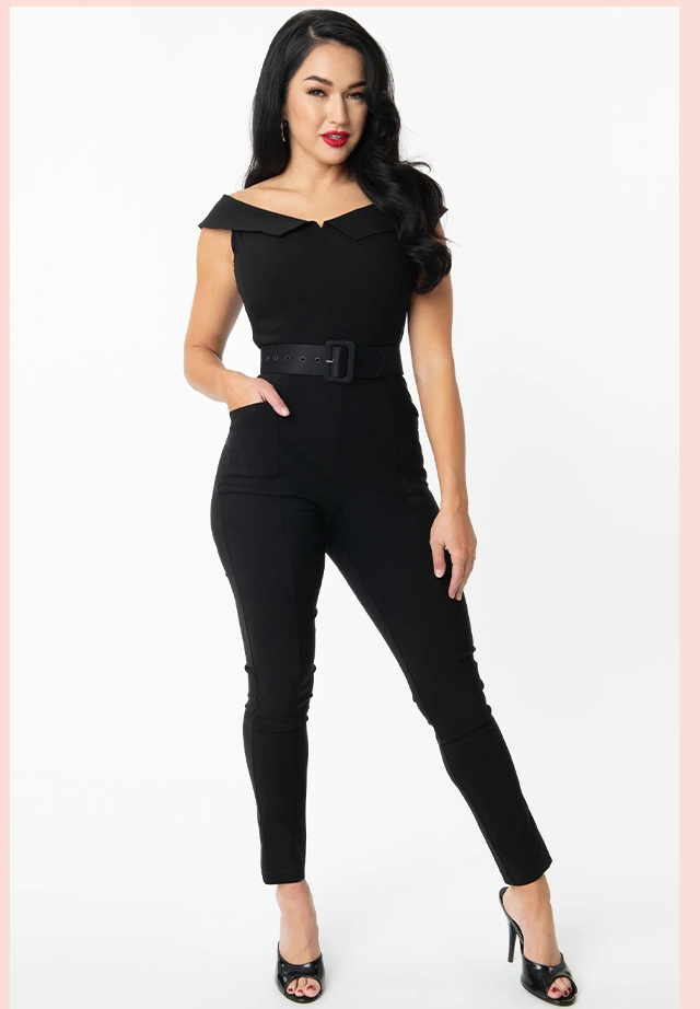 Unique Vintage Black Off Shoulder Gillian Jumpsuit