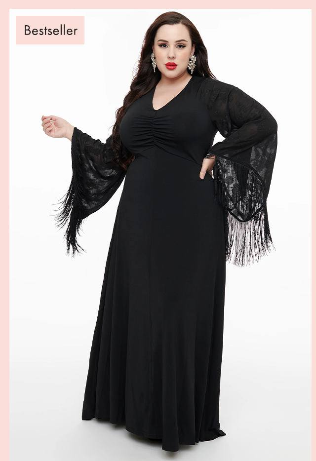 Smak Parlour Plus Size 1970s Black Floral Fringe Sleeve Stevie Maxi Dress