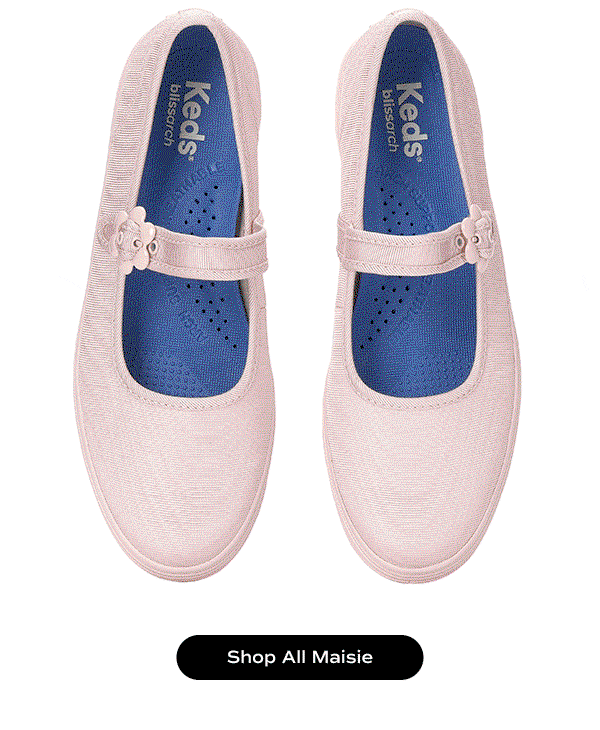 A GIF that rotates through top-down product views of new colors and materials of the Maisie Ballet and Maisie Mary Jane flats. Shop All Maisie.