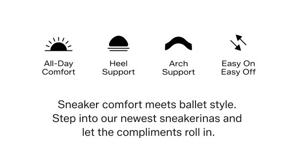 Icons highlighting All-Day Comfort, Heel Support, Arch Support, and Easy On, Easy Off. Sneaker comfort meets ballet style. Step into our newest sneakerinas and let the compliments roll in.