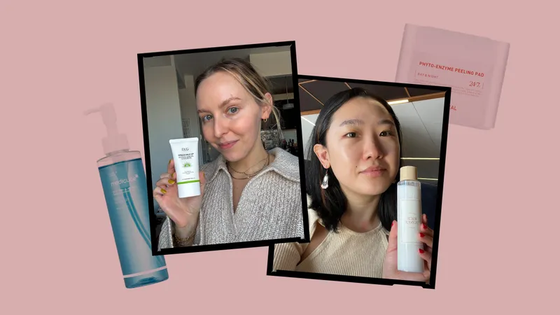 Image contains Allure editors holding their favorite Korean skin care for oily skin, surrounded by a collage of products