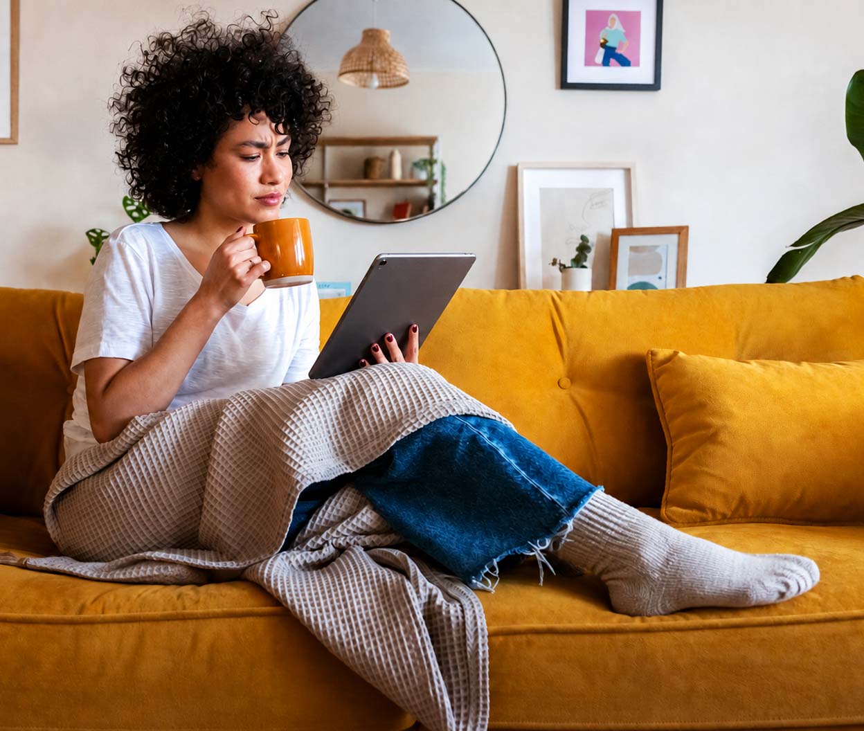 A woman sits on a yellow sofa with a mug and tablet, looking thoughtfully at the screen