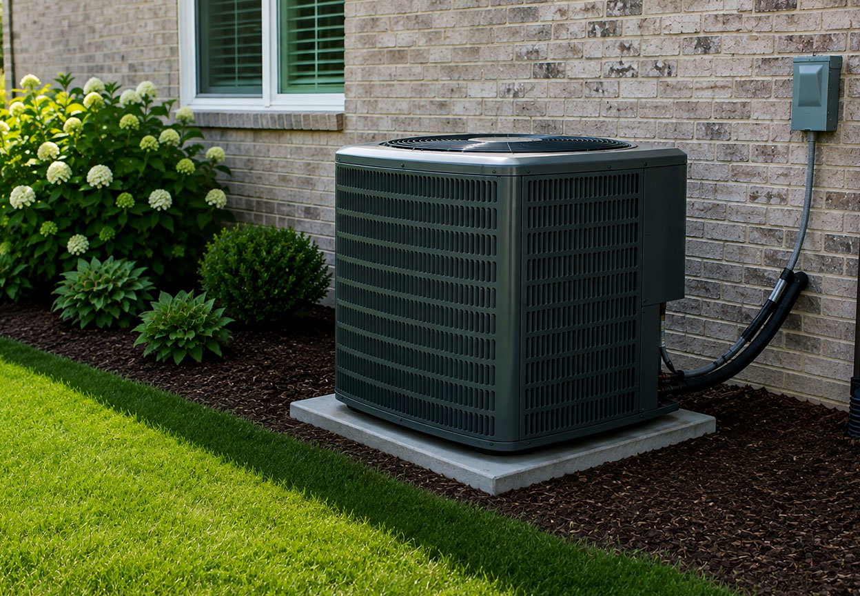 An outdoor air conditioning condenser sits beside a brick home in a landscaped yard