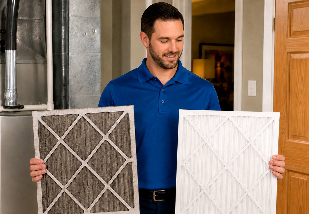 A home service technician compares a dirty furnace air filter with a clean replacement
