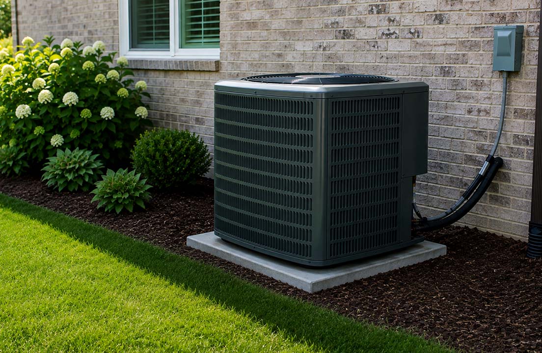 An outdoor air conditioning condenser sits beside a brick home in a landscaped yard