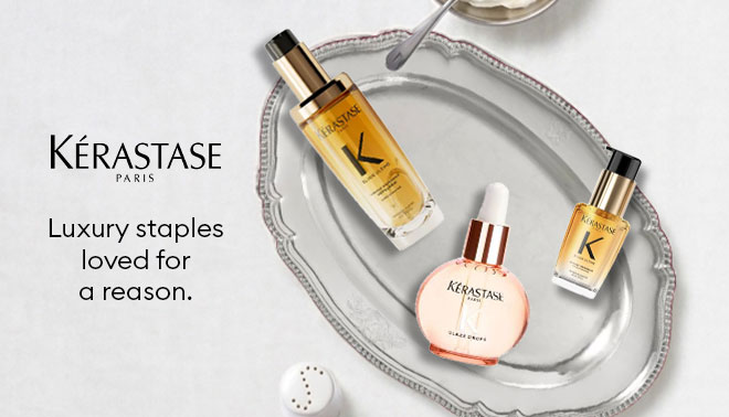 Kérastase luxury haircare essentials, including hair oil and serum for smooth, shiny hair.