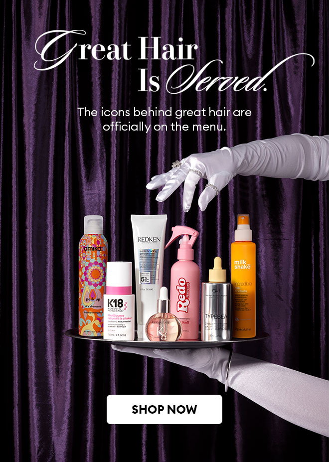 Featured salon haircare brands displayed on a serving tray with the headline, "Great Hair Is Served."