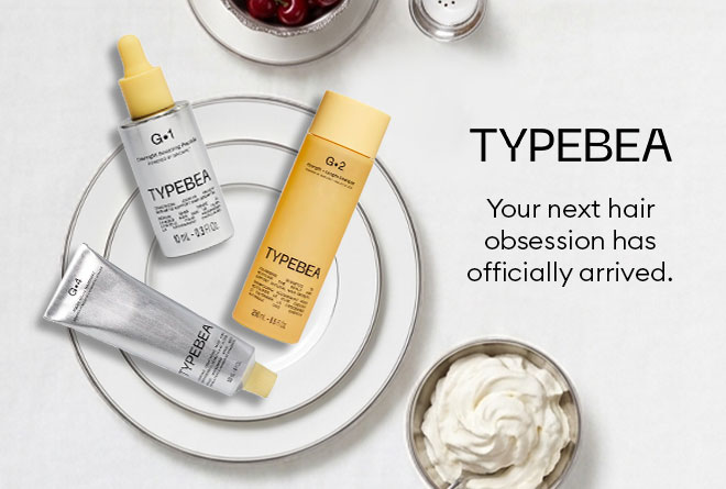 TYPEBEA haircare collection featuring shampoo, treatment, and peptide serum for healthier hair.
